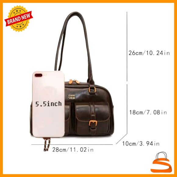Vintage Faux Leather Hobo Shoulder Bag with Double Pockets and Zipper Closure